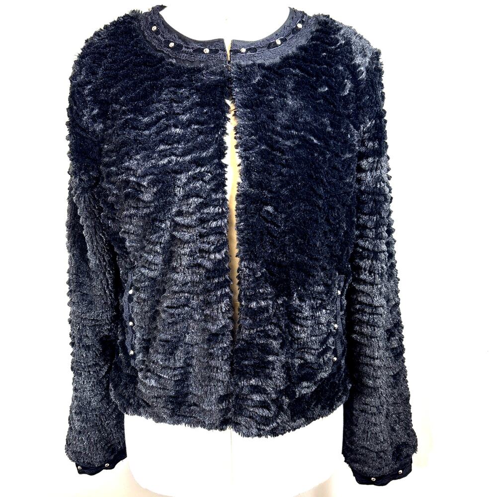Democracy Black Textured Faux Fur Stud Velvet Lace Jacket Steampunk Mob Wife L